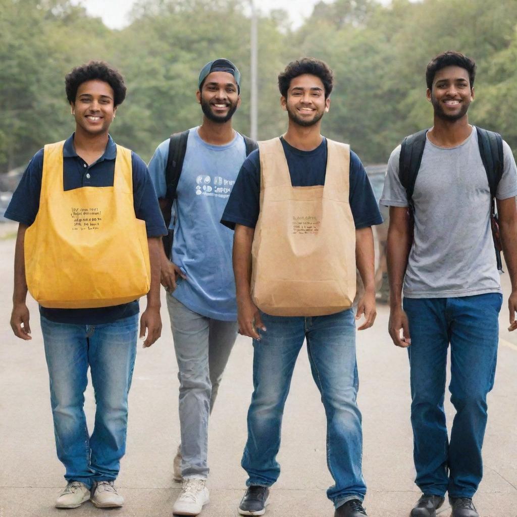 An international group of students carrying bags, including a Punjabi and an African student, standing with an air of confidence and determination.