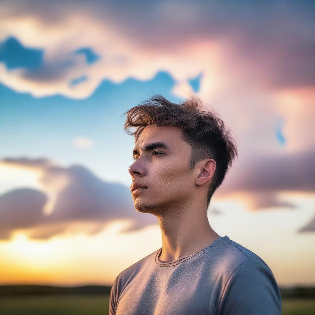 A guy with short hair standing in front of a beautiful sky