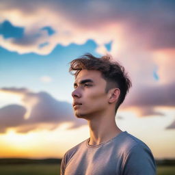 A guy with short hair standing in front of a beautiful sky