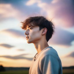 A guy with short hair standing in front of a beautiful sky