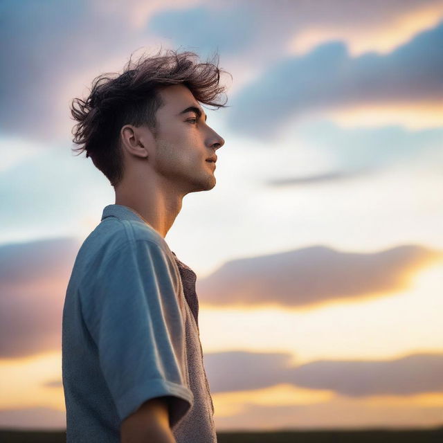 A guy with short hair standing in front of a beautiful sky