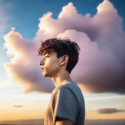 A guy with short hair standing in front of a beautiful sky