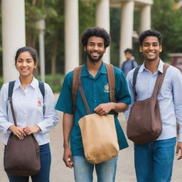 An international group of students carrying bags, including a Punjabi and an African student, standing with an air of confidence and determination.