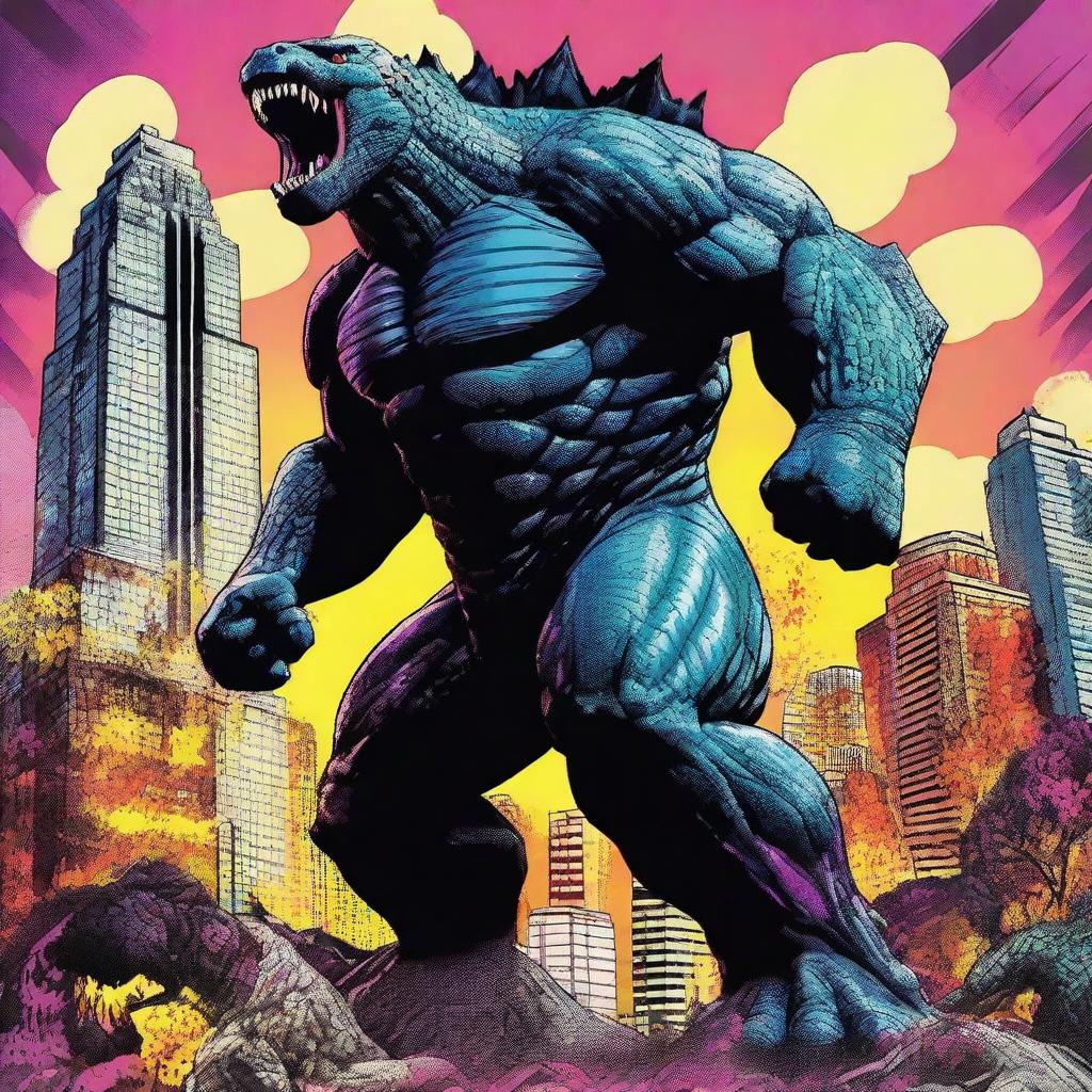 Create a 1980s style comic book movie poster featuring a superhero battling massive Godzilla-like monsters