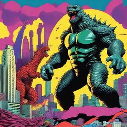 Create a 1980s style comic book movie poster featuring a superhero battling massive Godzilla-like monsters