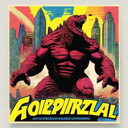 Create a 1980s style comic book movie poster featuring a superhero battling massive Godzilla-like monsters