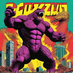 Create a 1980s style comic book movie poster featuring a superhero battling massive Godzilla-like monsters