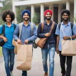 An international group of students carrying bags, including a Punjabi and an African student, standing with an air of confidence and determination.