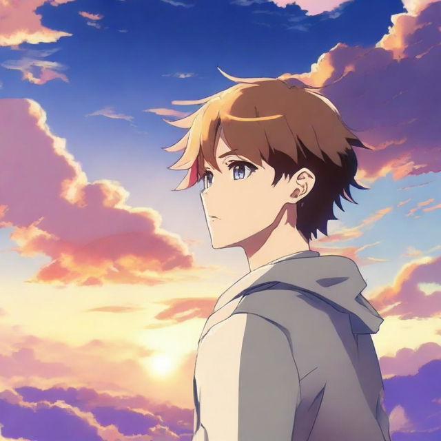 An anime-style depiction of a guy with short hair standing in front of a beautiful sky