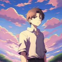 An anime-style depiction of a guy with short hair standing in front of a beautiful sky