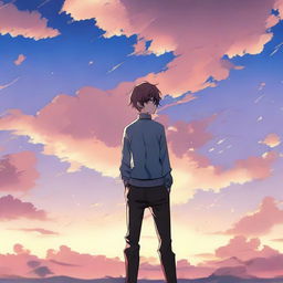 An anime-style depiction of a guy with short hair standing in front of a beautiful sky