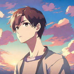 An anime-style depiction of a guy with short hair standing in front of a beautiful sky