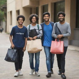 An international group of students carrying bags, including a Punjabi and an African student, standing with an air of confidence and determination.