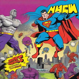 Create a 1980s style comic book movie poster featuring a heroic superhero taking on massive monsters