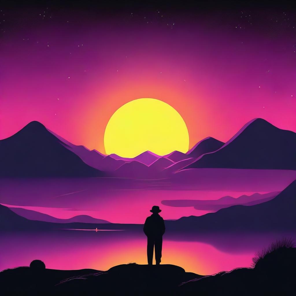 Create a 1980s style adventure movie poster featuring the silhouette of a person on the horizon, looking up at a black hole in the sky