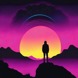 Create a 1980s style adventure movie poster featuring the silhouette of a person on the horizon, looking up at a black hole in the sky