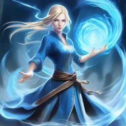 A slender, blonde human female water mage, standing at 1