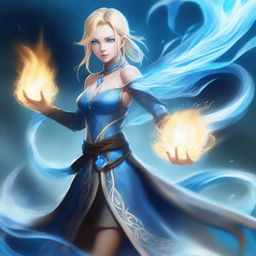 A slender, blonde human female water mage, standing at 1