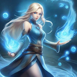 A slender, blonde human female water mage, standing at 1