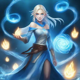 A slender, blonde human female water mage, standing at 1