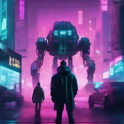 Create a cyberpunk style movie poster showing an AI machine facing off with a human being in a desolate landscape