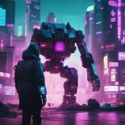 Create a cyberpunk style movie poster showing an AI machine facing off with a human being in a desolate landscape