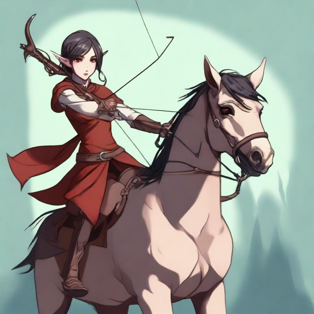 A full-body image of a female elf archer with short dark hair and red eyes