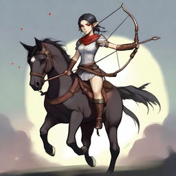 A full-body image of a female elf archer with short dark hair and red eyes