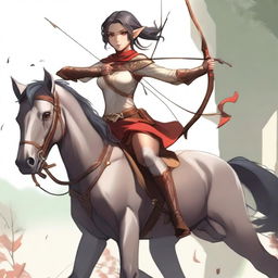 A full-body image of a female elf archer with short dark hair and red eyes