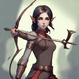 A full-body image of a female elf archer with short dark hair and red eyes