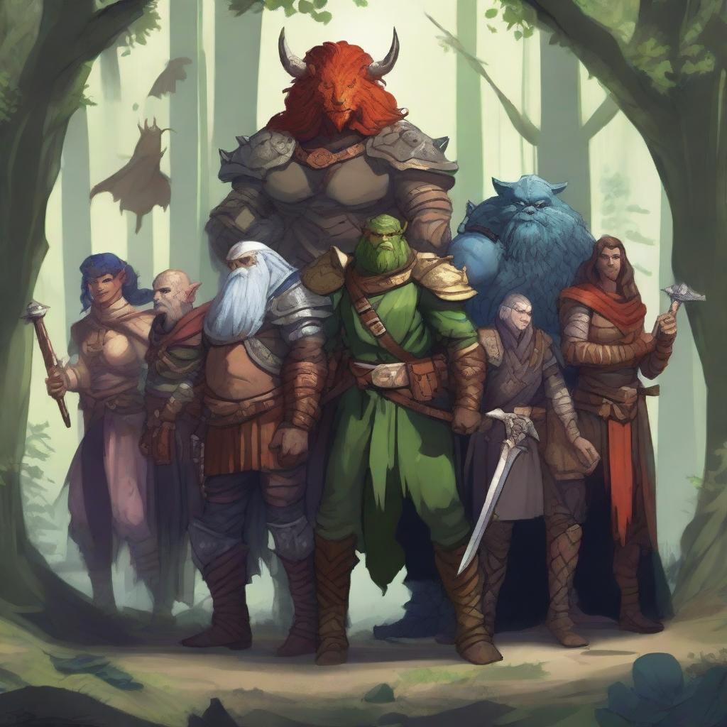 A detailed and vibrant illustration of various Dungeons and Dragons races standing together