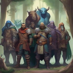 A detailed and vibrant illustration of various Dungeons and Dragons races standing together