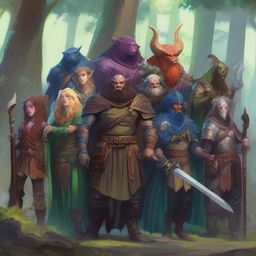 A detailed and vibrant illustration of various Dungeons and Dragons races standing together