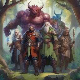 A detailed and vibrant illustration of various Dungeons and Dragons races standing together