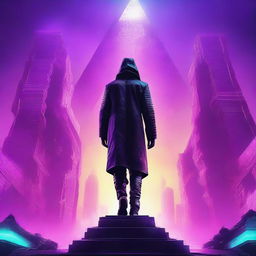 Create a cyberpunk style movie poster showing a human savior floating in the sky above a futuristic pyramid