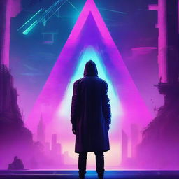 Create a cyberpunk style movie poster showing a human savior floating in the sky above a futuristic pyramid