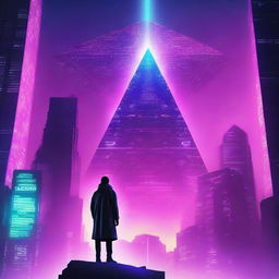 Create a cyberpunk style movie poster showing a human savior floating in the sky above a futuristic pyramid