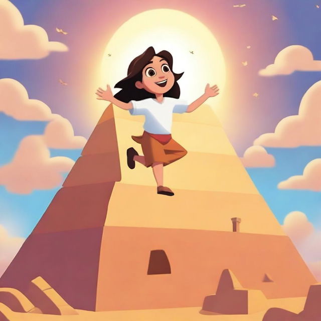 Create a cute animated style movie poster showing a human savior flying away from a massive pyramid