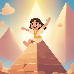 Create a cute animated style movie poster showing a human savior flying away from a massive pyramid