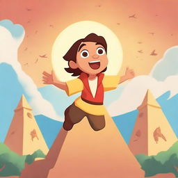 Create a cute animated style movie poster showing a human savior flying away from a massive pyramid