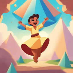 Create a cute animated style movie poster showing a human savior flying away from a massive pyramid