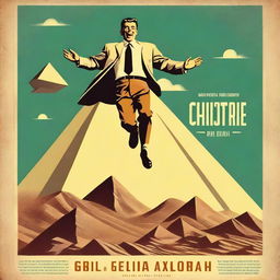 Create a retro 1950s style movie poster showing a human savior flying away from a massive pyramid