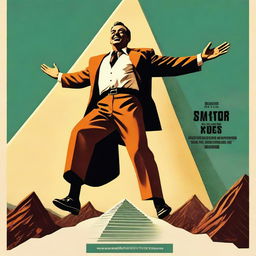 Create a retro 1950s style movie poster showing a human savior flying away from a massive pyramid