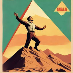 Create a retro 1950s style movie poster showing a human savior flying away from a massive pyramid