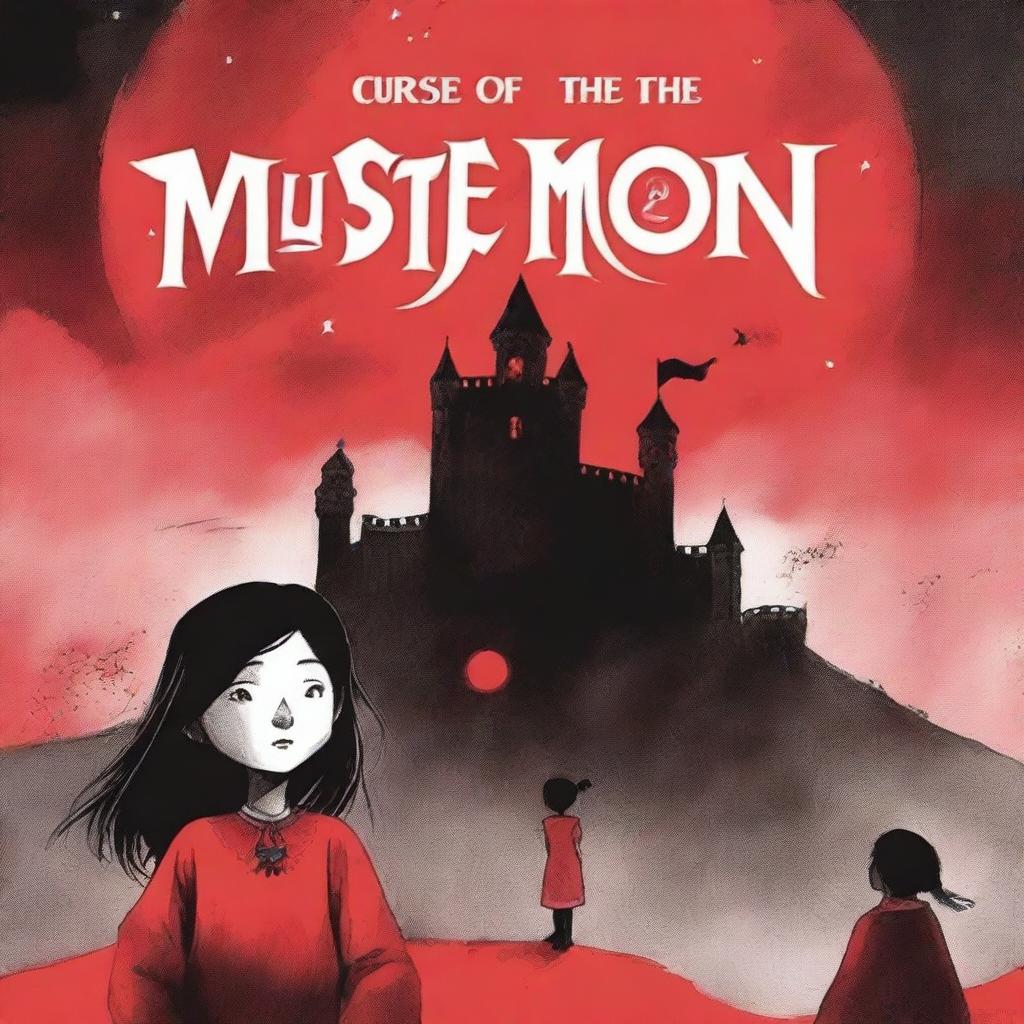 A book cover for the novel 'Curse of the Moon': The front cover features a massive red moon filling the sky, casting a beam of light onto a dark, ancient castle