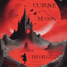 A book cover for the novel 'Curse of the Moon': The front cover features a massive red moon filling the sky, casting a beam of light onto a dark, ancient castle