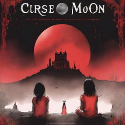 A book cover for the novel 'Curse of the Moon': The front cover features a massive red moon filling the sky, casting a beam of light onto a dark, ancient castle