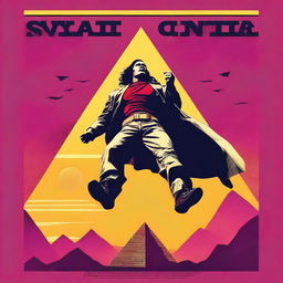 Create a retro 1990s style movie poster showing a human savior flying away from a massive pyramid