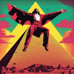 Create a retro 1990s style movie poster showing a human savior flying away from a massive pyramid