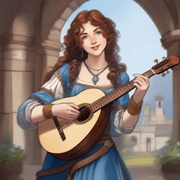 A Dungeons & Dragons bard, a 27-year-old woman of average height with blue eyes and brown curly hair, playing a lute